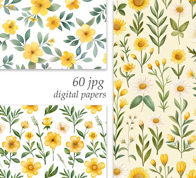Yellow Flower Digital Paper, Watercolor Yellow Floral Background ...