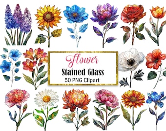 Flower Stained Glass Clipart, Floral PNG, Digital Download