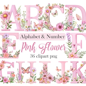 Pink Floral Alphabet Clipart, Watercolor Flower Alphabet PNG, Letters and Number, Sublimation, Digital Download