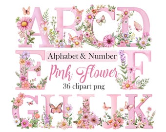 Alfabeto floral rosa, clipart, alfabeto floral de acuarela, letras y números, sublimación, descarga digital