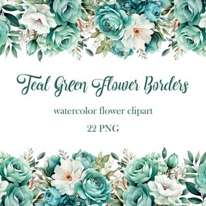 Clipart bordure fleur vert sarcelle, aquarelle florale verte PNG, cadre fleur, mariage, téléchargement numérique