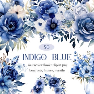 Indigo Blue Flower PNG, Watercolor Blue Floral Clipart Bundle, Wedding Bouquet, Wreath Clipart, Digital Download