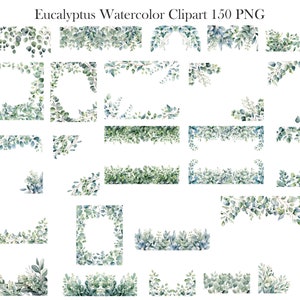 May include: A set of 150 watercolor clipart images featuring eucalyptus leaves in various arrangements. The images include wreaths, borders, corners, and frames, all in shades of green.
