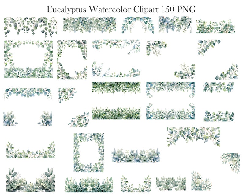 May include: A set of 150 watercolor clipart images featuring eucalyptus leaves in various arrangements. The images include wreaths, borders, corners, and frames, all in shades of green.