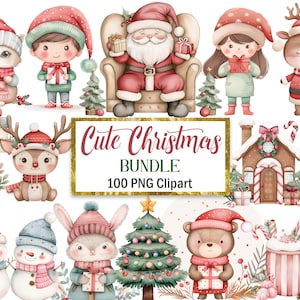 Pacote fofo de clipart de Natal, aquarela de Natal PNG, sublimação de Natal, Papai Noel, boneco de neve, lixo eletrônico, álbum de recortes, download digital