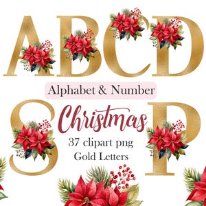 Christmas Alphabet Clipart, Christmas Floral Alphabet PNG, Gold Letters Clipart, Number, Sublimation, Poinsettia, Digital Download