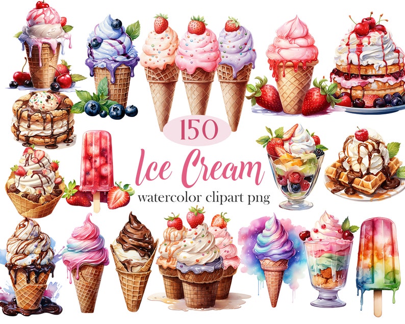 May include: A collection of 150 watercolor illustrations of ice cream cones, sundaes, popsicles, and other frozen treats. The illustrations are in a variety of colors and styles, and they are perfect for use in scrapbooking, card making, and other craft projects.