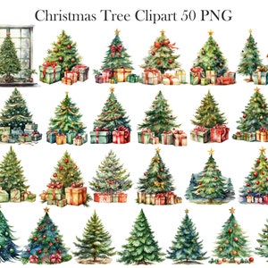 May include: A set of 50 watercolor illustrations of Christmas trees decorated with ornaments, ribbons, and presents. The trees are various sizes and shapes, with some featuring a window in the background.