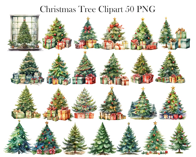 May include: A set of 50 watercolor illustrations of Christmas trees decorated with ornaments, ribbons, and presents. The trees are various sizes and shapes, with some featuring a window in the background.