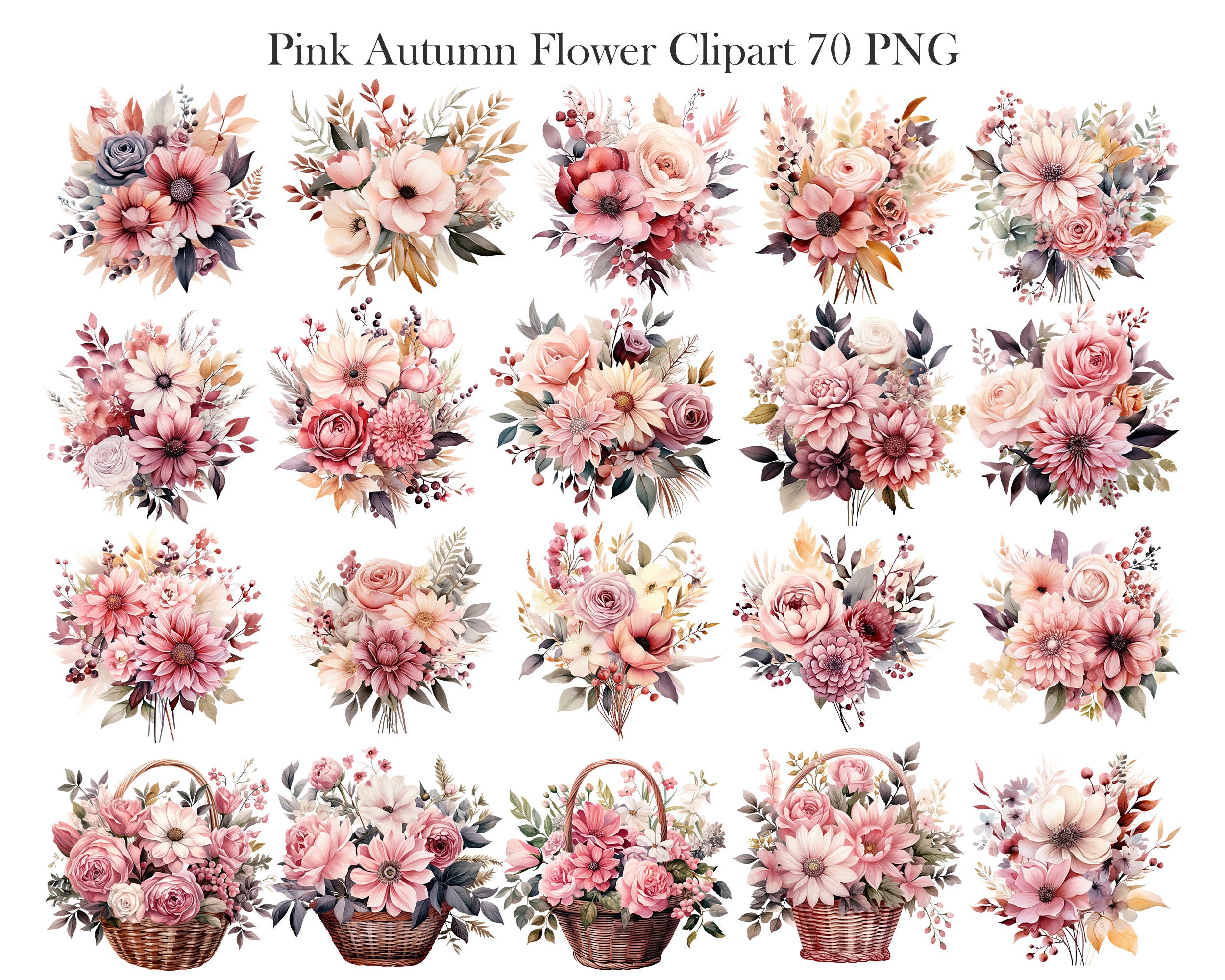 Pink Autumn Flower PNG, Watercolor Fall Flower Clipart Bundle, Wreath ...