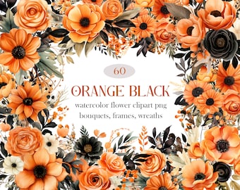 Orange schwarze Blume PNG, Aquarell Orange Blumen Clipart, Blumenstrauß, Kranz, Halloween Blume Clipart, digitaler Download