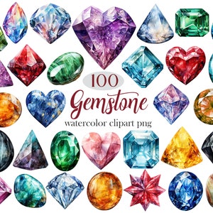 May include: 100 watercolor gemstone clipart images in various shapes, colors, and styles.  The gemstones are painted in a realistic style and include amethyst, ruby, emerald, sapphire, and more.