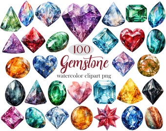 May include: 100 watercolor gemstone clipart images in various shapes, colors, and styles.  The gemstones are painted in a realistic style and include amethyst, ruby, emerald, sapphire, and more.