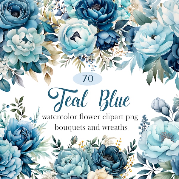 Teal Blue Flower PNG, Watercolor Blue Floral Clipart Bundle, Winter Flower, Wedding Bouquet, Wreath, Floral Sublimation, Digital Download