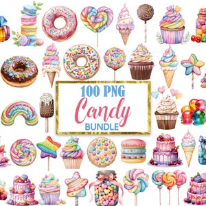 Op de afbeelding: Een set van 100 aquarel illustraties van snoep en zoetigheden. De illustraties omvatten cupcakes, lollies, donuts, macarons, regenboogsprankels en meer. De illustraties zijn perfect voor gebruik in digitaal scrapbooken, kaart maken en andere knutselprojecten.