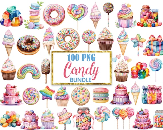 Candy Clipart, Watercolor Dessert PNG Bundle, Sweet Treats Clipart, Donut, Cake, Cupcake, Chocolate, Digital Download