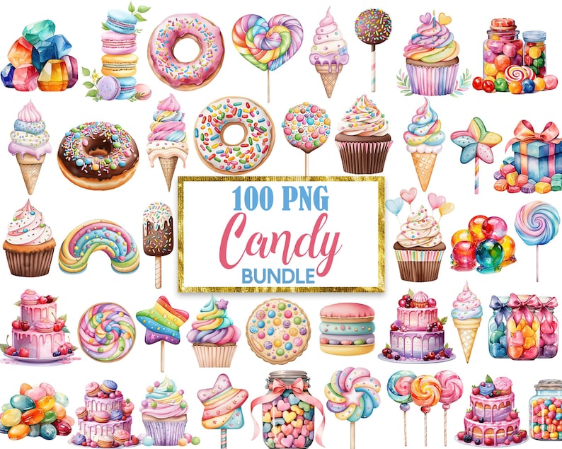 May include: A set of 100 watercolor illustrations of candy and sweets. The illustrations include cupcakes, lollipops, donuts, macarons, rainbow sprinkles, and more. The illustrations are perfect for use in digital scrapbooking, card making, and other craft projects.