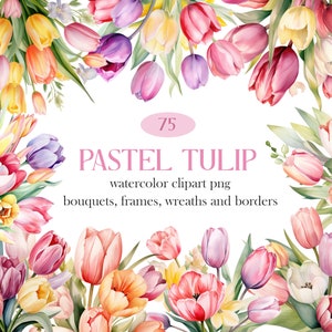 Clipart acquerello tulipano pastello, bouquet di fiori di tulipani PNG, clipart floreale acquerello bouquet ghirlanda, download digitale