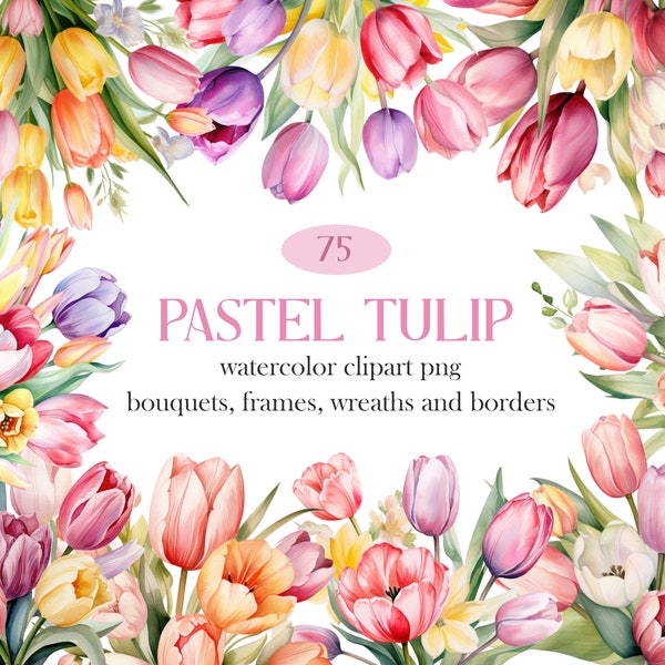 Pastel Tulip Watercolor Clipart, Tulips Flower Bouquet PNG, Watercolor Floral Clipart Bouquets Wreath, Digital Download