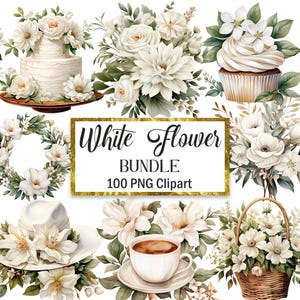 White Flower PNG Bundle, Watercolor White Floral Clipart, Flower Bouquet, Wreath, Spring Floral, Rose, Digital Download