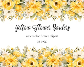 Yellow Flower Border Clipart, Watercolor Flower PNG Bundle, Spring Floral Frame, Yellow Flower PNG, Wedding, Digital Download