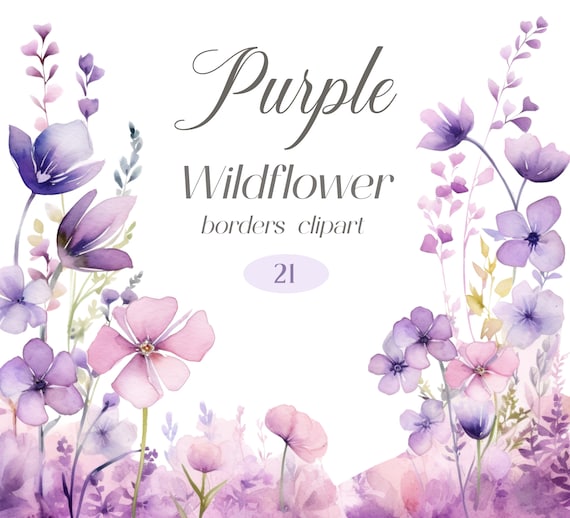 Purple Wildflower Clipart, Watercolor Floral Clipart Bundle, Flower Border, Spring Floral, Wildflower PNG, Floral Frame, Digital Download
