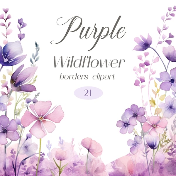 Purple Wildflower Clipart, Watercolor Floral Clipart Bundle, Flower Border, Spring Floral, Wildflower PNG, Floral Frame, Digital Download