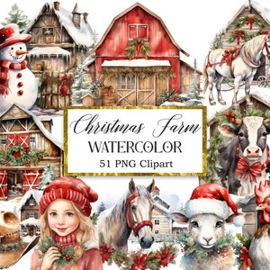 Peut inclure: Ensemble de clipart aquarelle sur le th&egrave;me d'une ferme de No&euml;l. Comprend une grange rouge, un bonhomme de neige, une vache, un cheval, un agneau, un coq et d'autres &eacute;l&eacute;ments festifs. 51 images clipart PNG.