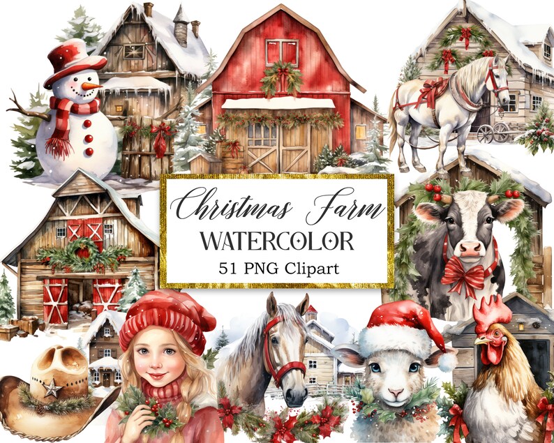 Peut inclure: Ensemble de clipart aquarelle sur le th&egrave;me d'une ferme de No&euml;l. Comprend une grange rouge, un bonhomme de neige, une vache, un cheval, un agneau, un coq et d'autres &eacute;l&eacute;ments festifs. 51 images clipart PNG.