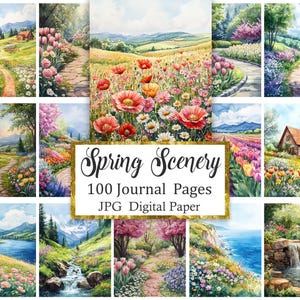 May include: A collection of watercolor-style landscape illustrations featuring rolling hills, flower fields, winding paths, and cottages. A central white rectangular label displays the text Spring Scenery 100 Journal Pages JPG Digital Paper.