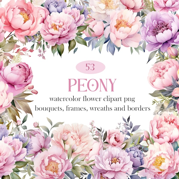 Peony Flower Clipart, Watercolor Floral PNG, Wedding Bouquet Wreath, Flower Sublimation, Digital Download