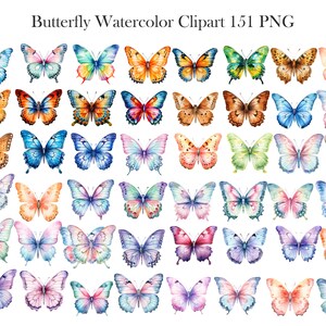 May include: A collection of 48 watercolor butterfly illustrations in various colors and patterns. The butterflies are arranged in rows and columns on a white background. The text "Butterfly Watercolor Clipart 151 PNG" is at the top of the image.