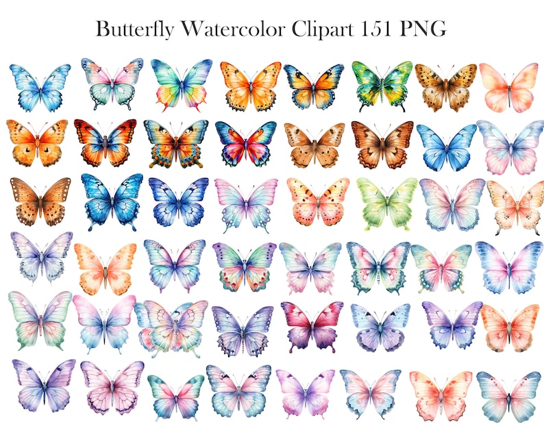 May include: A collection of 48 watercolor butterfly illustrations in various colors and patterns. The butterflies are arranged in rows and columns on a white background. The text "Butterfly Watercolor Clipart 151 PNG" is at the top of the image.