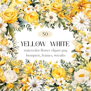 Gele witte bloem PNG, aquarel gele bloemen clipart, bruidsboeket, krans, lentebloem clipart, zomerbloemen, digitale download