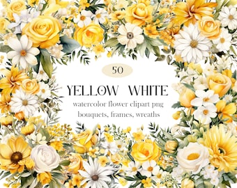Yellow White Flower PNG, Watercolor Yellow Floral Clipart, Wedding Bouquet, Wreath, Spring Flower Clipart, Summer Floral, Digital Download
