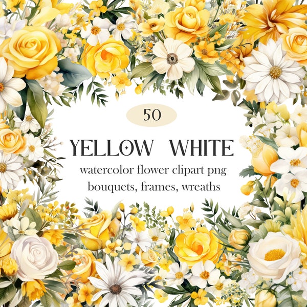 Yellow White Flower PNG, Watercolor Yellow Floral Clipart, Wedding Bouquet, Wreath, Spring Flower Clipart, Summer Floral, Digital Download