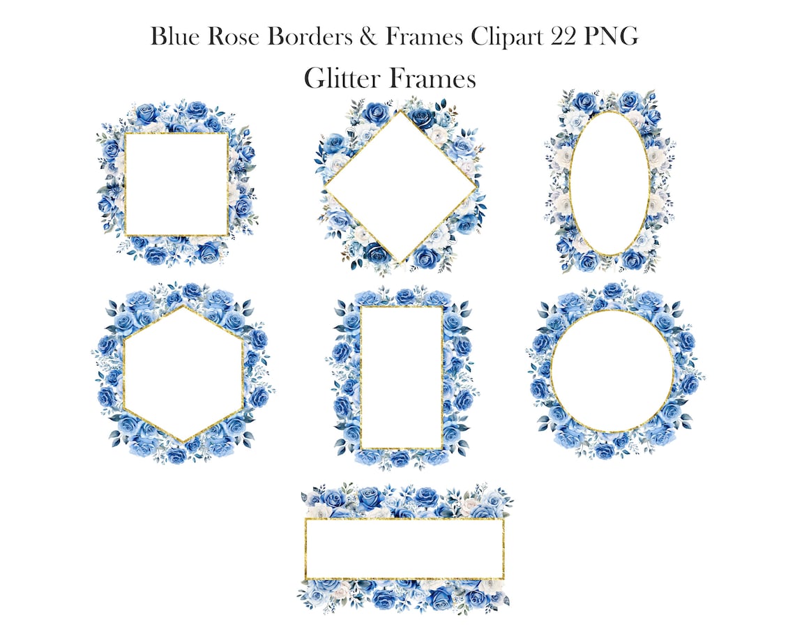 Blue Rose Border Clipart, Watercolor Flower Border PNG Bundle, Wedding ...