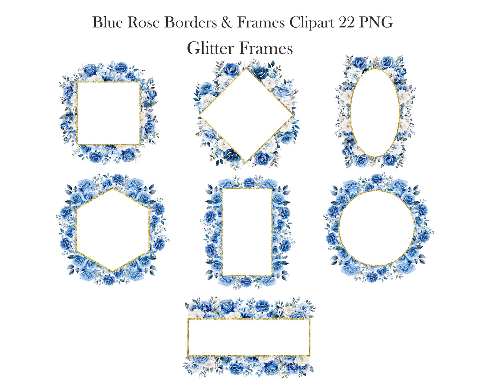 Blue Rose Border Clipart, Watercolor Flower Border PNG Bundle, Wedding ...