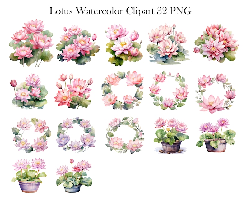 May include: A set of 32 watercolor illustrations of pink lotus flowers in various arrangements. Some illustrations feature lotus flowers in a wreath shape, while others show the flowers in a bouquet or potted plant.