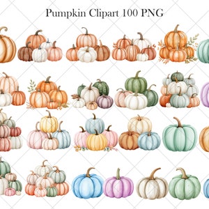 Op de afbeelding: Een verzameling van 100 aquarel pompoen clipart afbeeldingen in verschillende kleuren en stijlen. De pompoenen zijn gerangschikt in groepen van 5-7, sommige met bladeren en wijnstokken. De pompoenen zijn in tinten oranje, bruin, groen, blauw, paars en wit.