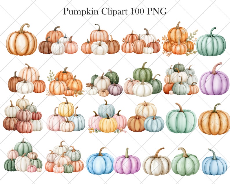 Op de afbeelding: Een verzameling van 100 aquarel pompoen clipart afbeeldingen in verschillende kleuren en stijlen. De pompoenen zijn gerangschikt in groepen van 5-7, sommige met bladeren en wijnstokken. De pompoenen zijn in tinten oranje, bruin, groen, blauw, paars en wit.