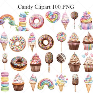 May include: A set of 100 digital clipart images featuring watercolor illustrations of various candies and sweets, including donuts, cupcakes, lollipops, ice cream cones, and rainbow sprinkles.