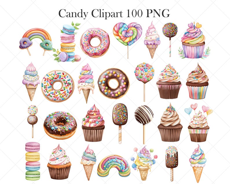 May include: A set of 100 digital clipart images featuring watercolor illustrations of various candies and sweets, including donuts, cupcakes, lollipops, ice cream cones, and rainbow sprinkles.