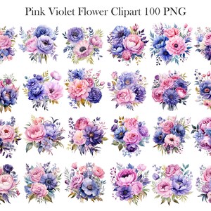 May include: A set of 24 digital watercolor illustrations of pink and purple flower bouquets. The bouquets are made up of various flowers, including roses, anemones, and other delicate blooms. The flowers are arranged in a loose, natural style, and the colors are soft and romantic.