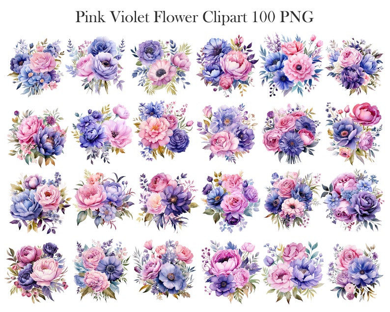 May include: A set of 24 digital watercolor illustrations of pink and purple flower bouquets. The bouquets are made up of various flowers, including roses, anemones, and other delicate blooms. The flowers are arranged in a loose, natural style, and the colors are soft and romantic.