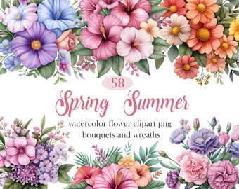 Lente zomer bloem clipart, aquarel zomer bloemen png, bloemboeket, krans, digitale download