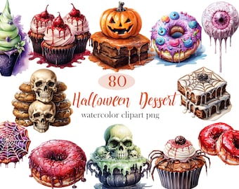 Halloween Dessert Clipart, Watercolor Halloween Sweet Treat PNG, Spooky, Halloween Sublimation, Digital Download