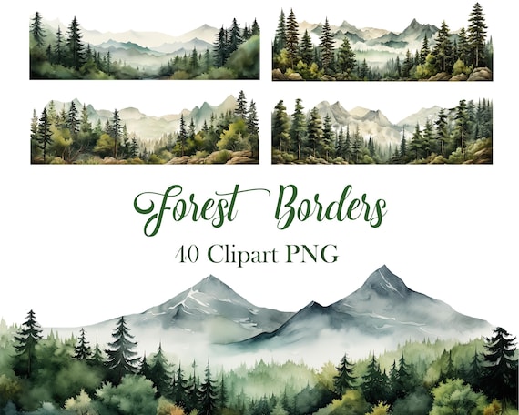 Forest Border Clipart, Watercolor Tree Border PNG, Sublimation, Nature, Scrapbooking, Digital Download