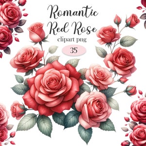 Red Rose PNG, Romantic Red Rose Clipart, Flower Bouquet, Valentines Day Rose Clipart, Digital Download