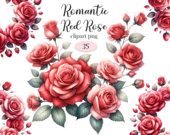 Red Rose PNG, Romantic Red Rose Clipart, Flower Bouquet, Valentines Day Rose Clipart, Digital Download